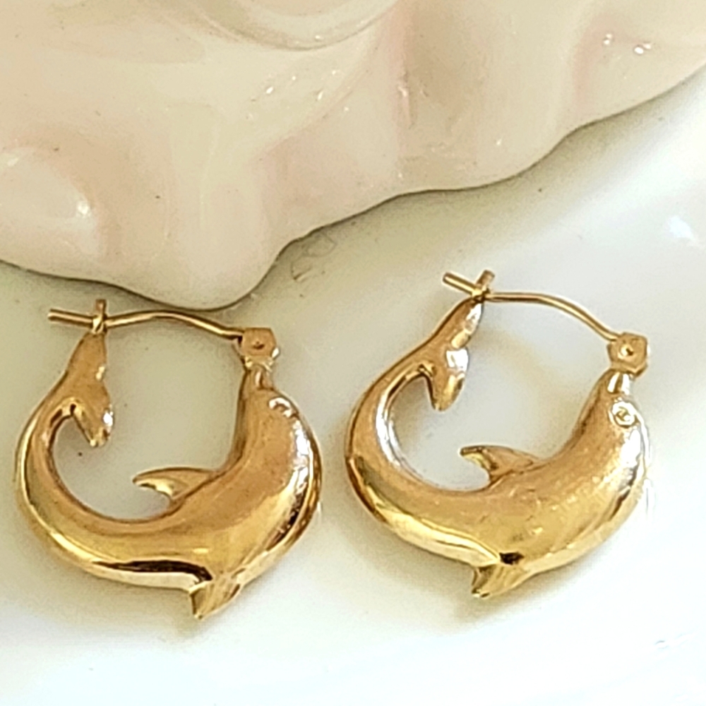 10K Solid Yellow Gold Dolphin Hoop Earrings.. FIRM ON PRICE